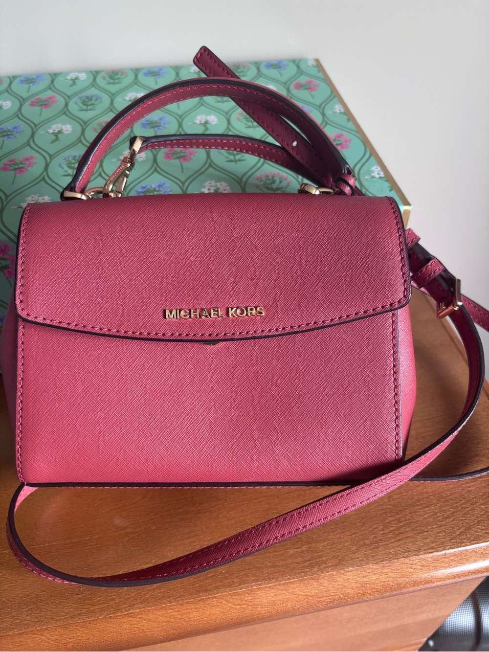 Michael Kors Raspberry Saffiano Leather Satchel with Gold Hardware